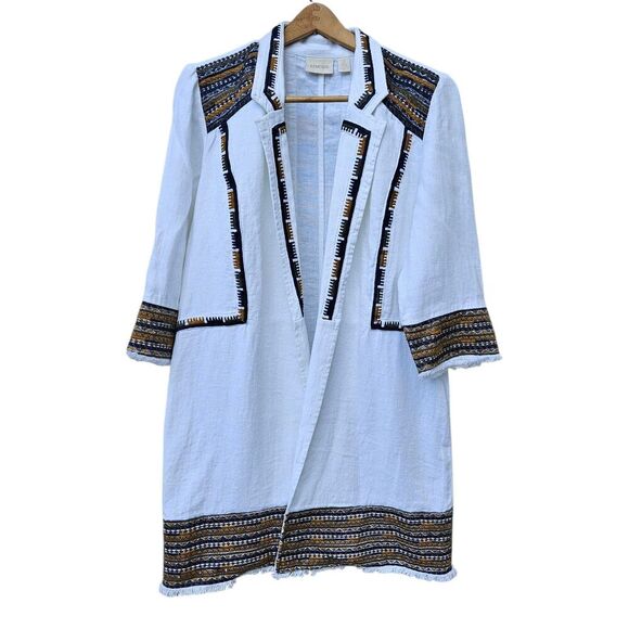 CHICOS Heavyweight Linen Western Embroidered Mid Length Cardigan Jacket Size 2 - Picture 2 of 11